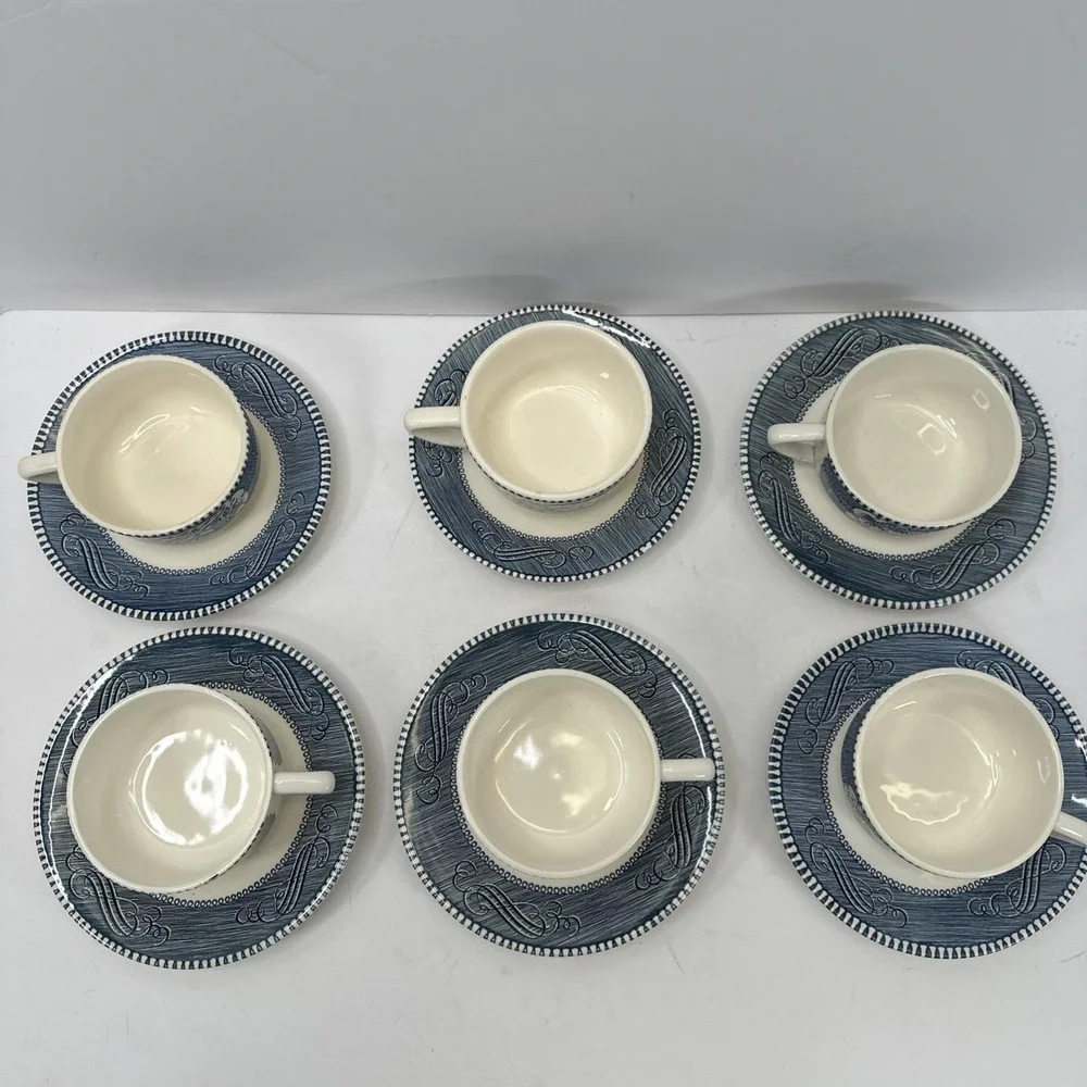 Royal China Currier & Ives 6 Blue & White Tea or Coffee Cups & Saucers Set  Vtg